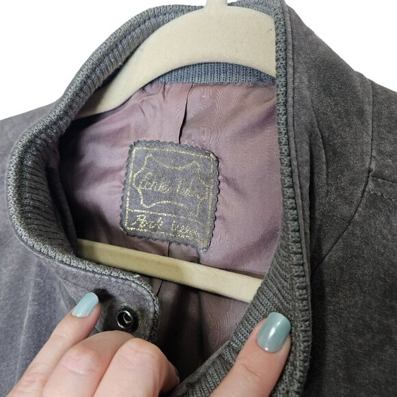 Vintage Echtes Leder Gray Pork Suede Leather Bomber Jacket Inner Pocket Zipper L - Picture 11 of 16